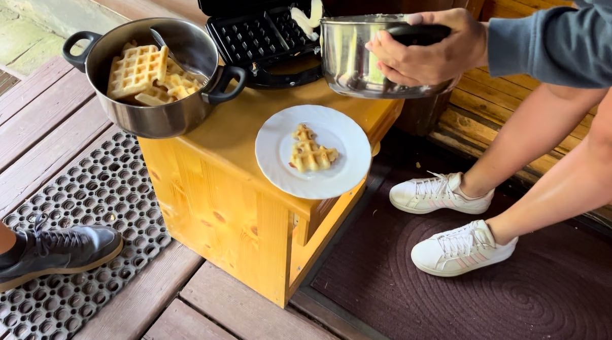 The infamous waffle machine in action